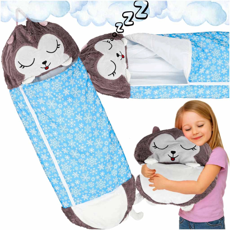 Dětský turistický spací pytel 2v1 s polštářem 135 × 50 cm – modrý