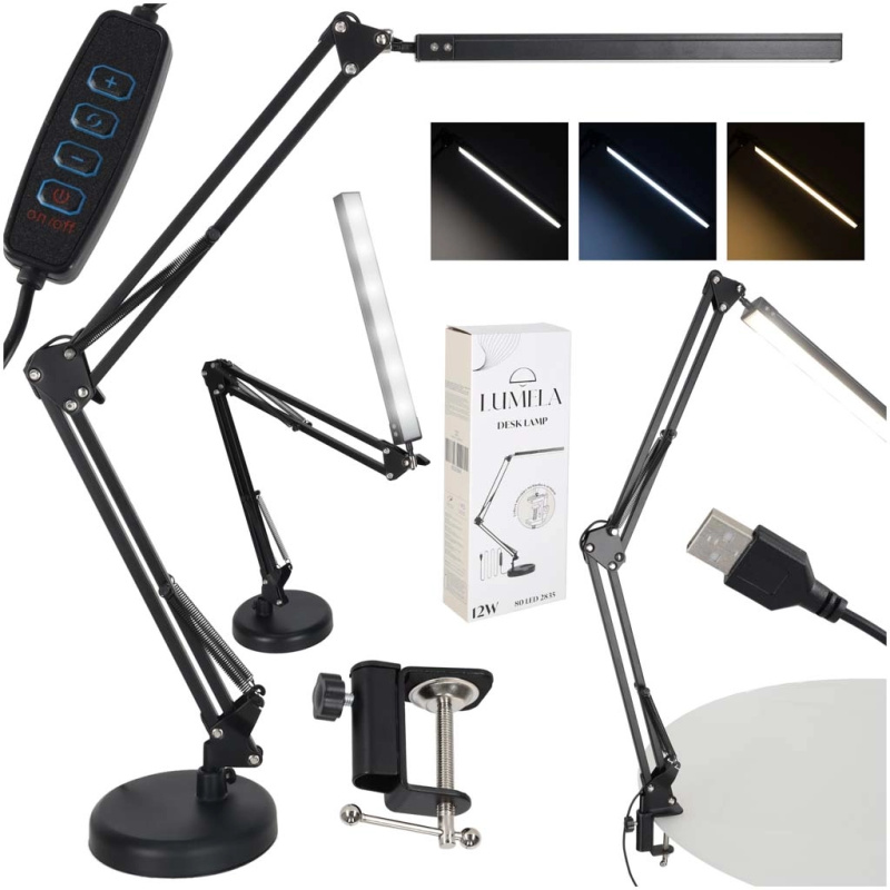 Stolní LED lampa s nastavitelným ramenem a USB, 2 způsoby uchycení