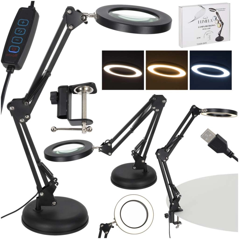Stolní LED lampa s lupou a nastavitelným ramenem, 2 možnosti uchycení