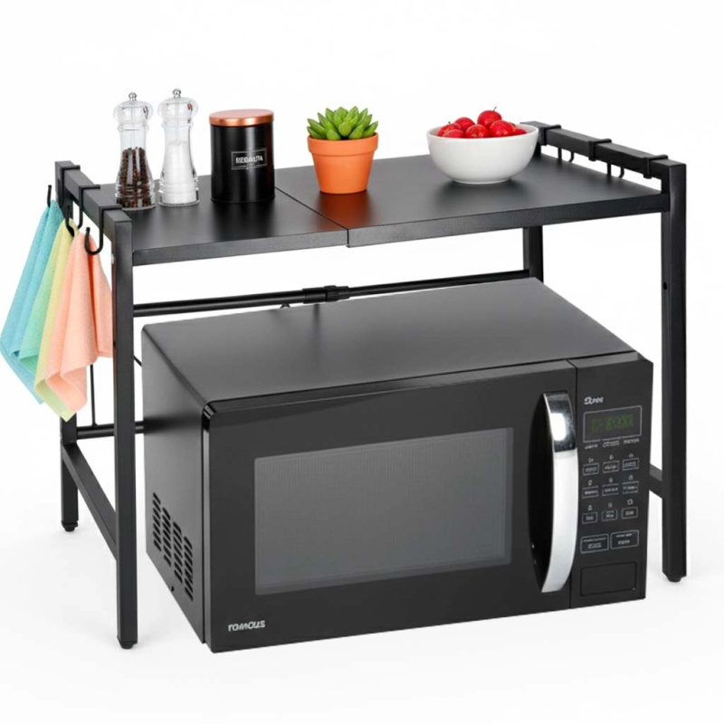 Kuchyňská nastavitelná police nad mikrovlnnou troubu s háčky, kovová