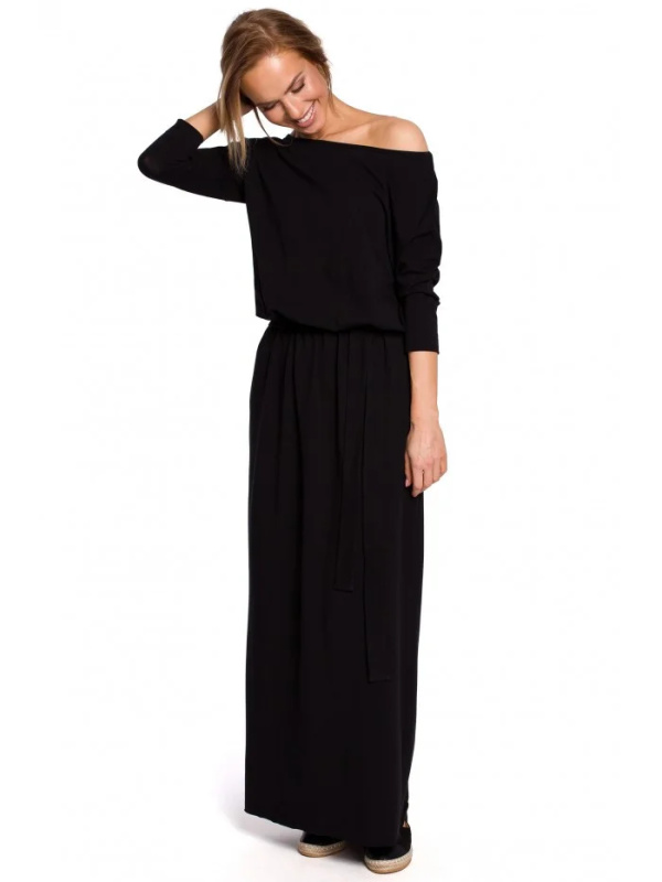 M435 Maxi bavlněné šaty s páskem na zavazování - černé EU 2XL/3XL