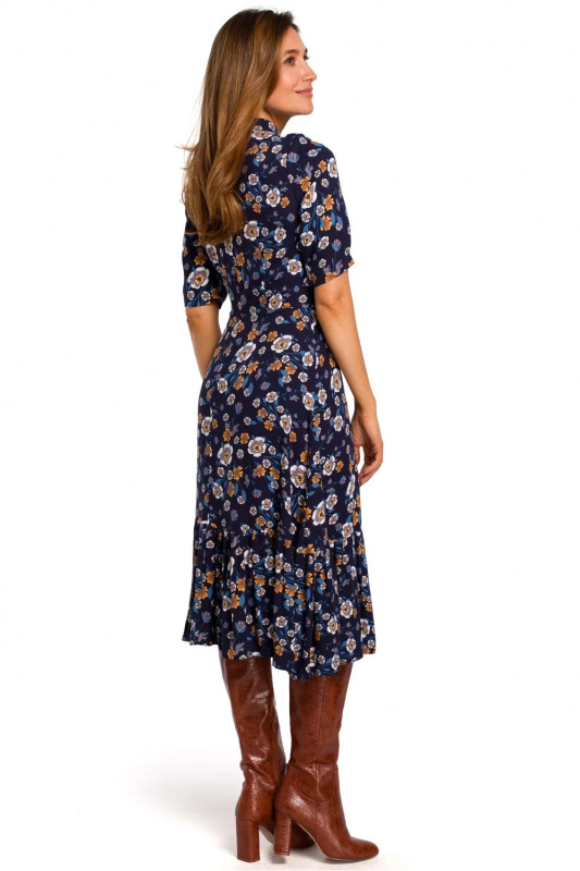 Dámské šaty S177 - Stylove tm.modrá s květy L-40