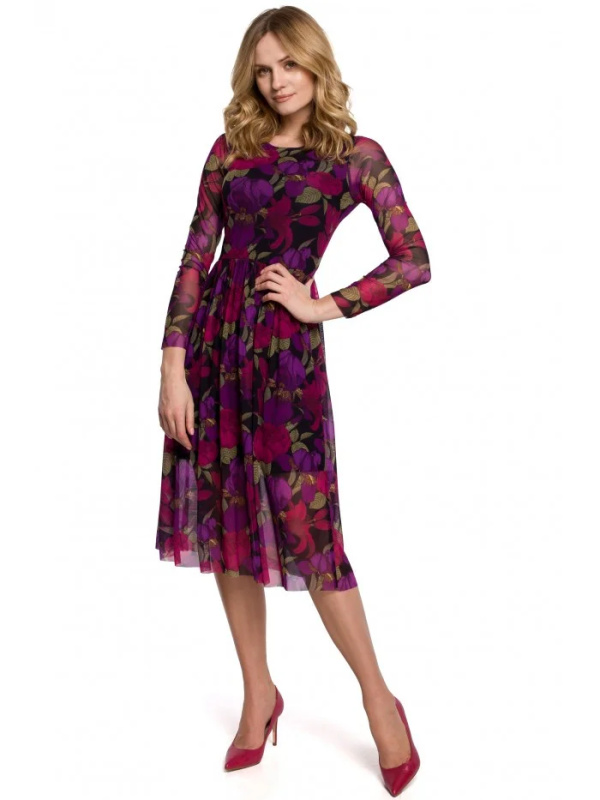 K064 Přiléhavé síťované šaty s květinovým potiskem - model 2 EU M