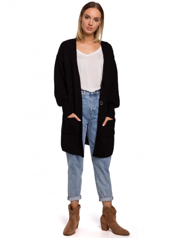 M538 Žebrovaný pletený svetr s kapsami - černý EU S/M