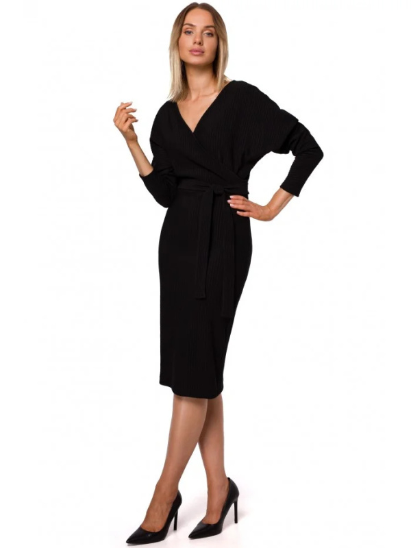 M523 Úpletové šaty se zavinovací horní částí a páskem na zavázání - černé EU S