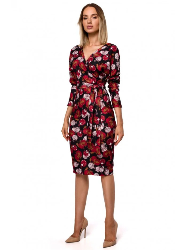 M524 Pletené šaty s potiskem, zavinovací horní částí a páskem na zavazování - model 1 EU S