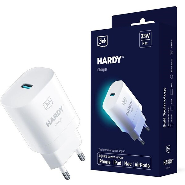 3mk Hardy Charger 33W síťová nabíječka, GaN 1x USB-C (PD) pro Apple bílá