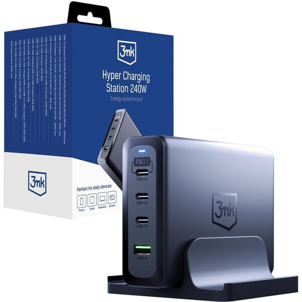 3mk Hyper Charging Station nabíjecí stanice, 240W, GaN, 3x USB-C + 1x USB-A černá