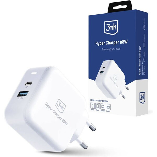 3mk Hyper Charger 68W síťová nabíječka, GaN, 1x USB-C (PD), 1x USB bílá