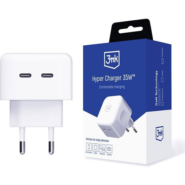 3mk Hyper Charger 35W síťová nabíječka, GaN, 2x USB-C (PD) bílá