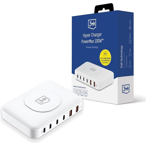 3mk Hyper Charger PowerMax 100W síťová nabíječka, GaN 4x USB-C (PD) / 2x USB bílá
