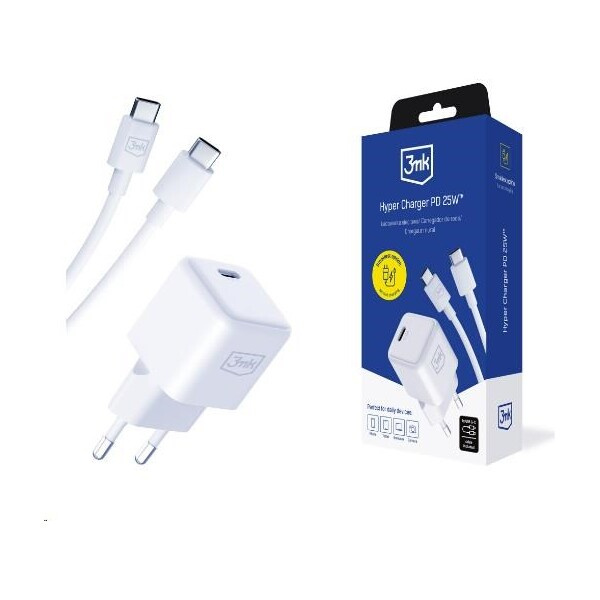 3mk Hyper Charger PD 25W  síťová nabíječka + USB-C kabel bílá