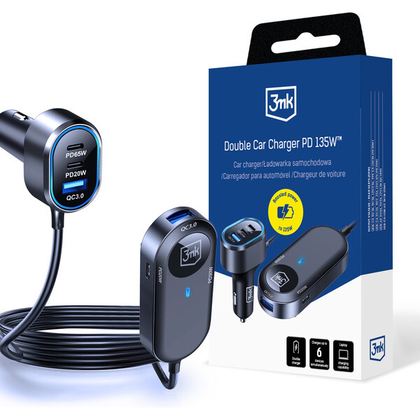 3mk Double Car Charger 135W PD QC PPS USB 2A4C nabíječka do auta černá/šedá