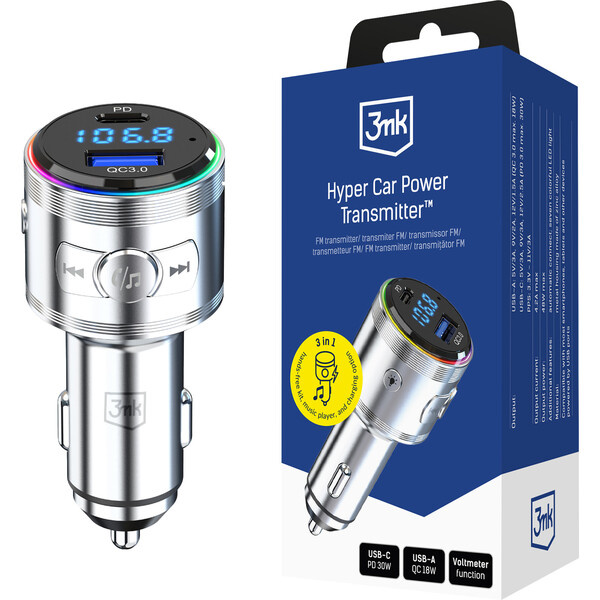 3mk Hyper Car Power Transmitter 48W QC PD PPS USB 1C1A stříbrný