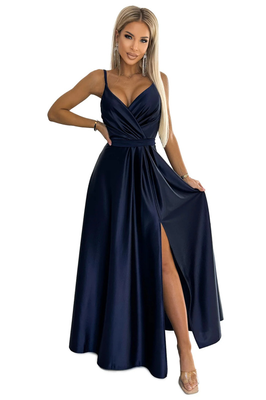 512-2 JULIET elegantní dlouhé saténové šaty s výstřihem - ZELENÉ XL