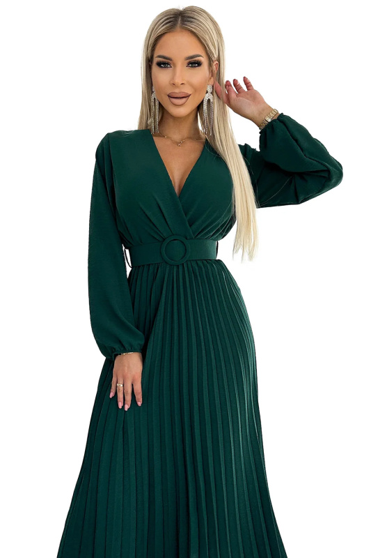 504-3 VIVIANA Plisované midi šaty se srdíčkovým výstřihem, dlouhými rukávy a širokým páskem - BUTTER GREEN UNI