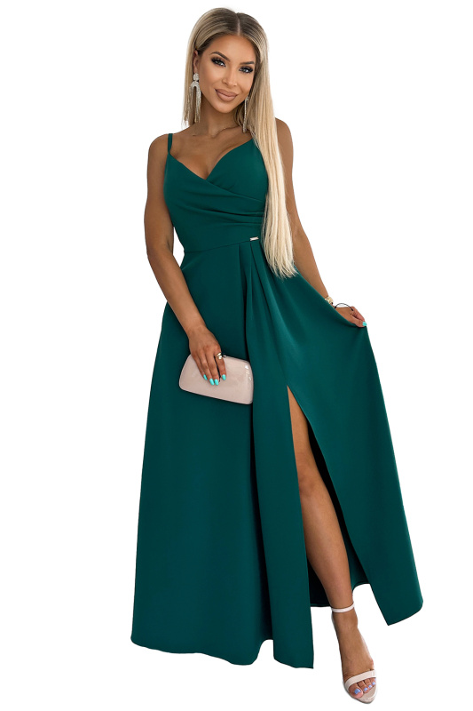 299-11 CHIARA elegantní maxi dlouhé šaty bez ramínek - ZELENÉ M