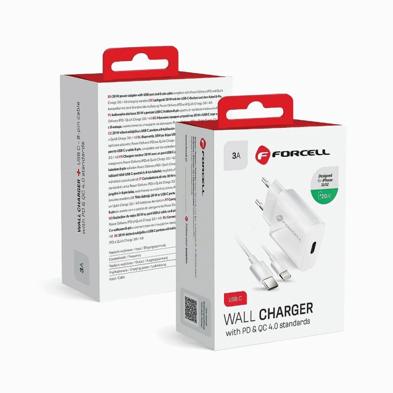 Síťová nabíječka Forcell s konektorem USB typ C a kabelem lightning - 3A 20W s funkcí nabíjení PD i QC 4.0