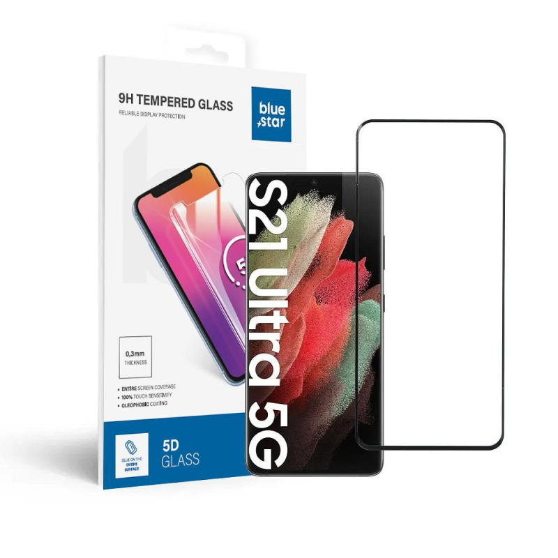 Tvrzené sklo Blue Star 5D - Samsung Galaxy S21 Ultra (full glue/case friendly) - černé