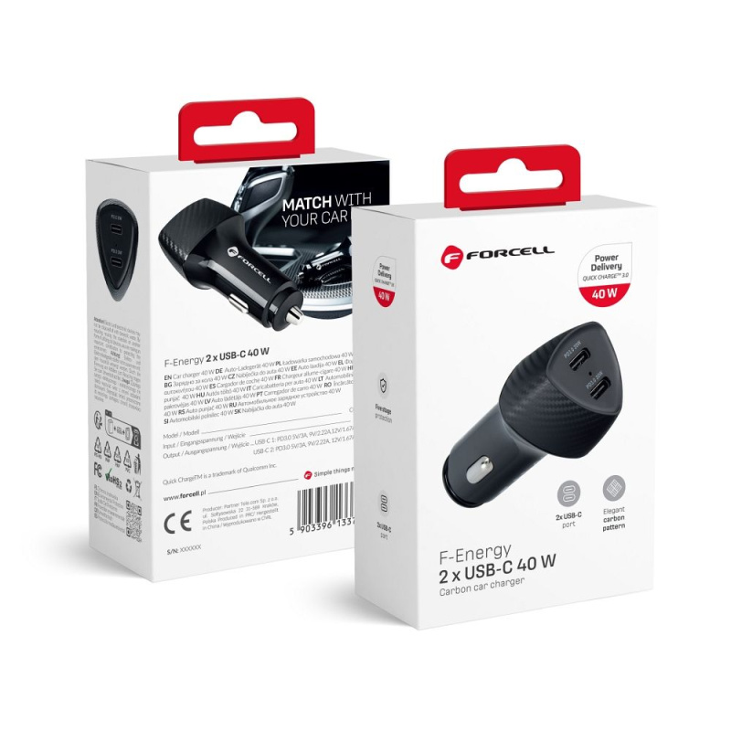 Nabíječka do auta FORCELL CARBON Typ C 3.0 PD20W + Typ C 3.0 PD20W CC50-2C černá (Total 40W)