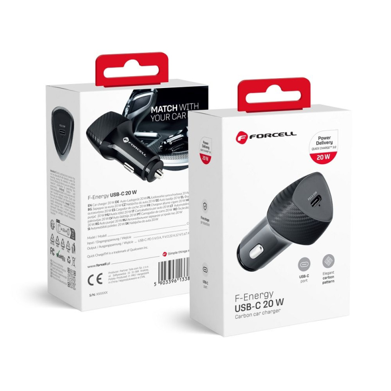 Nabíječka do auta FORCELL CARBON Typ C 3.0 PD20W CC50-1C černá (Total 20W)