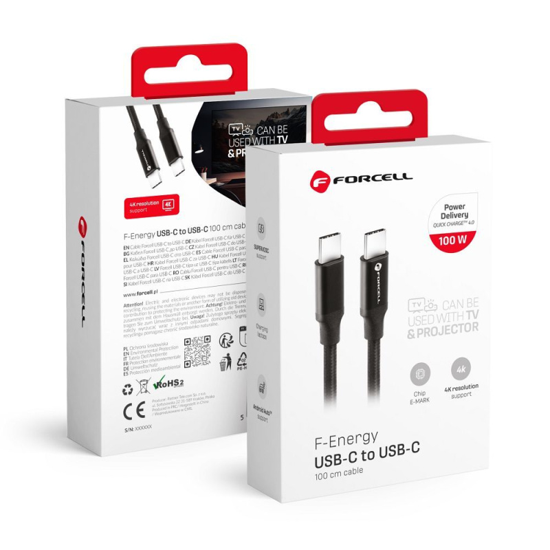 FORCELL kabel Typ C na Typ C QC4.0 5A/20V PD100W E-mark / 4K / Thunderbolt / 20Gbit/s C391 1m černý