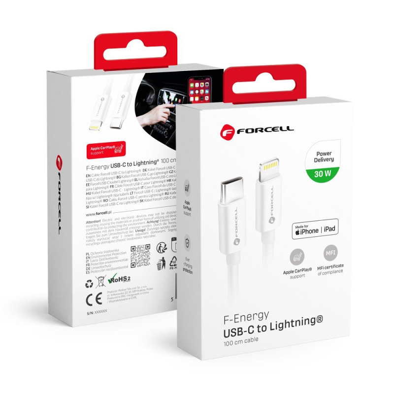 FORCELL kabel Typ C na Lightning 8-pin MFI 3A/9V 30W (Max) C901 1m bílý