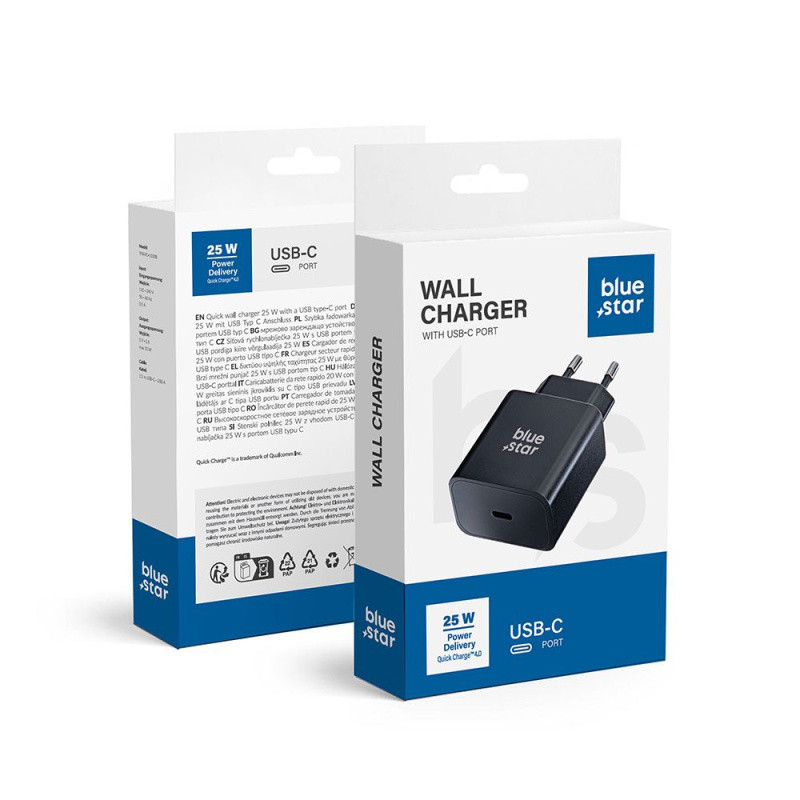Univerzální síťová nabíječka Blue Star s konektorem USB C - 3A 25W s funkcí nabíjení PD a QC 4.0