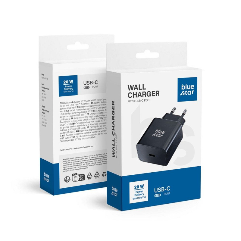 Univerzální síťová nabíječka Blue Star s konektorem USB C - 3A 20W s funkcí nabíjení PD a QC 4.0