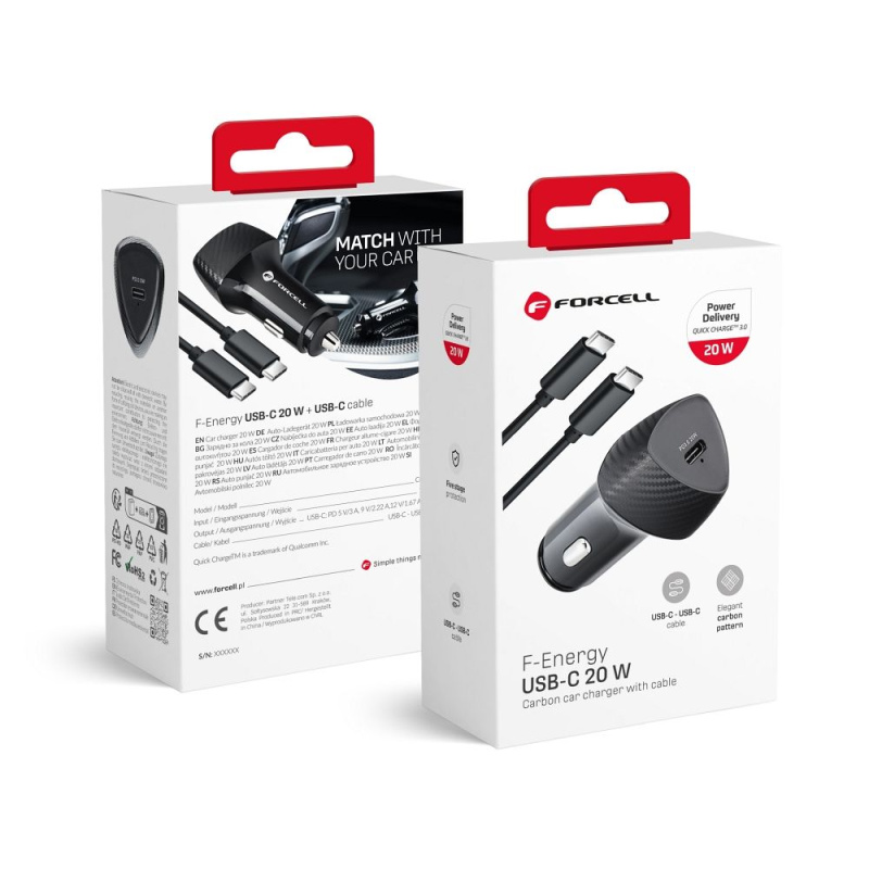 FORCELL CARBON nabíječka do auta typ C 3.0 PD20W CC50-1C (celkem 20W) + kabel pro typ C PD60W