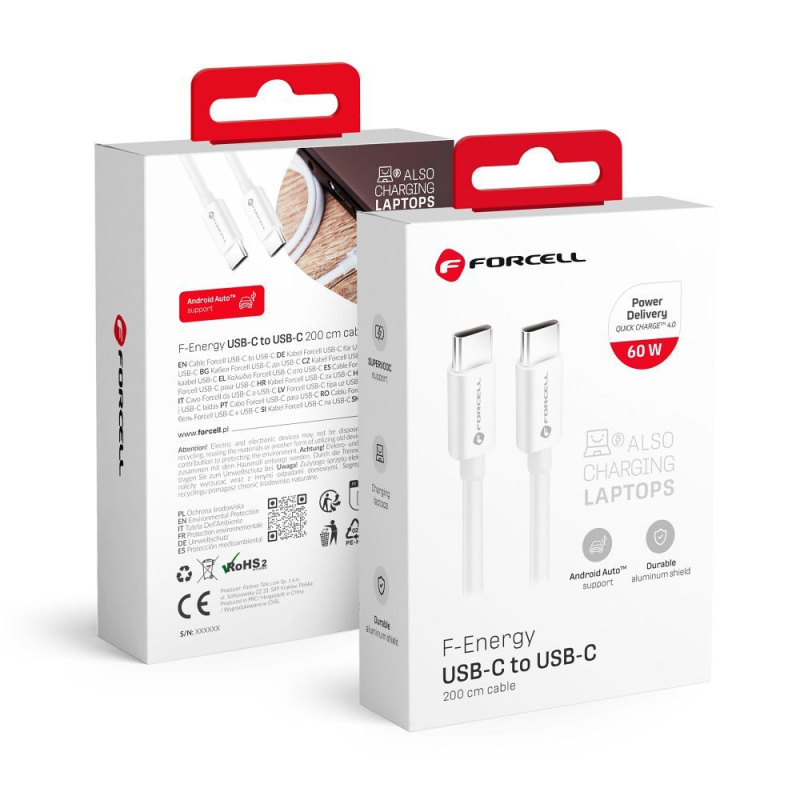 FORCELL F-ENERGY C338 kabel typ C na typ C PD QC4.0 3A 60W 2 m bílý