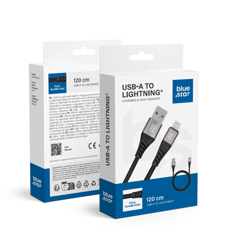 BLUE STAR opletený kabel 2,4A USB A - Lightning TFK-DC-003 1,2 m černý