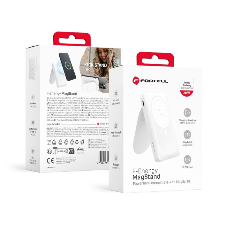 FORCELL F-ENERGY F10K2 MagStand powerbank kompatibilní s MagSafe PD QC3.0 5A 20W 10000 mAh bílá