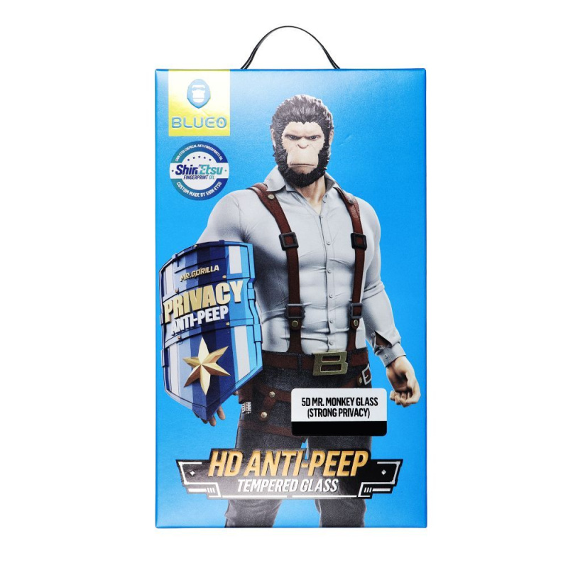 Blueo Mr. Monkey Glass 5D Tvrzené sklo - Apple iPhone 15 Plus černé (Strong Privacy)