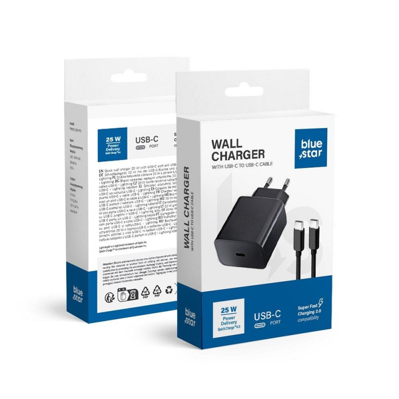 Síťová nabíječka Blue Star s konektorem USB C a kabelem typu C - 3A 25W s funkcí nabíjení PD a QC 4.0
