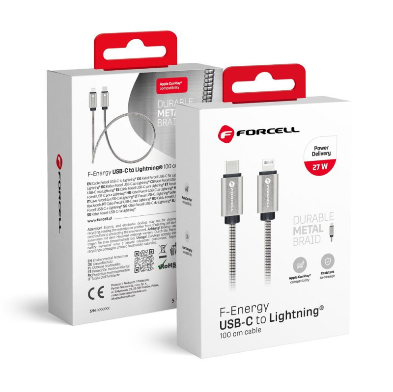 FORCELL kabel Type C na iPhone Lightning 8-pin QC3.0 PD 27W Metal C238 1m stříbrný