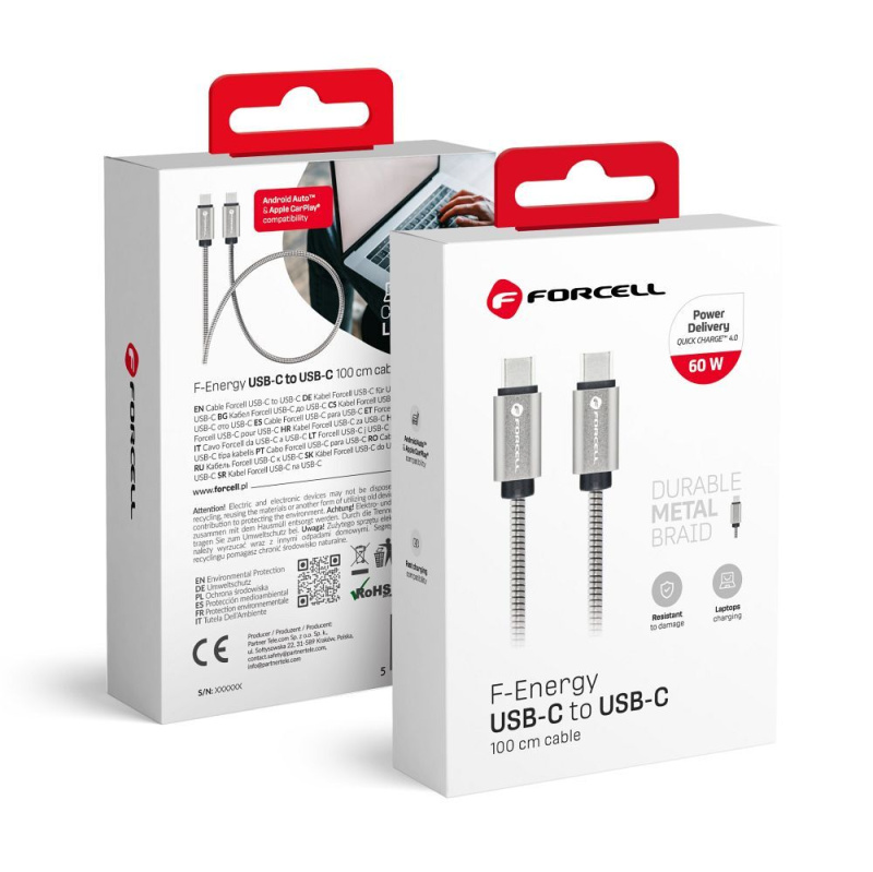FORCELL F-ENERGY Metal C237 kabel typ C na typ C PD QC4.0 3A 60W 1 m stříbrný