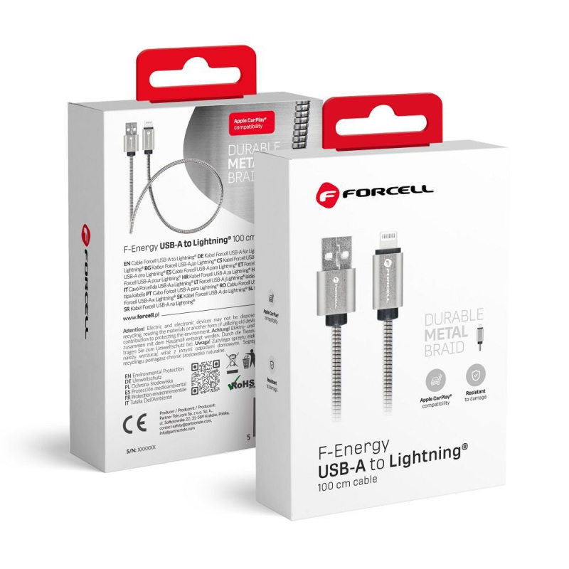 FORCELL USB na iPhone Lightning 8-pin 2,4A 12W kov C236 1m stříbrný