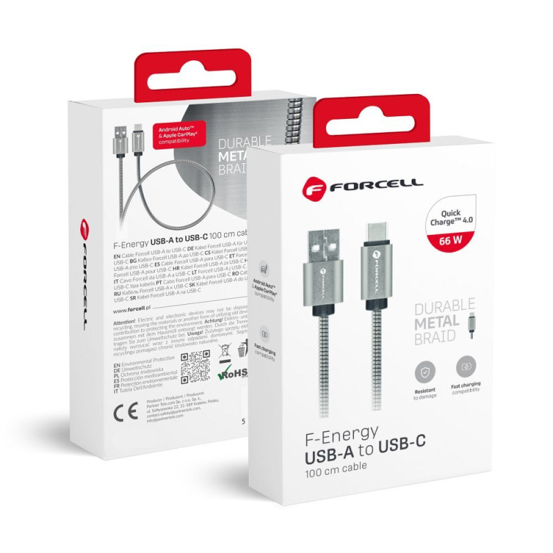 FORCELL F-ENERGY Metal C234 Kabel USB A na typ C QC3.0 2,4A 12W 1 m stříbrný