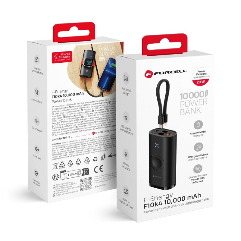FORCELL F-ENERGY F10K4 powerbank kompatibilní s Apple Watch PD QC3.0 3A 22,5W 10000 mAh černá