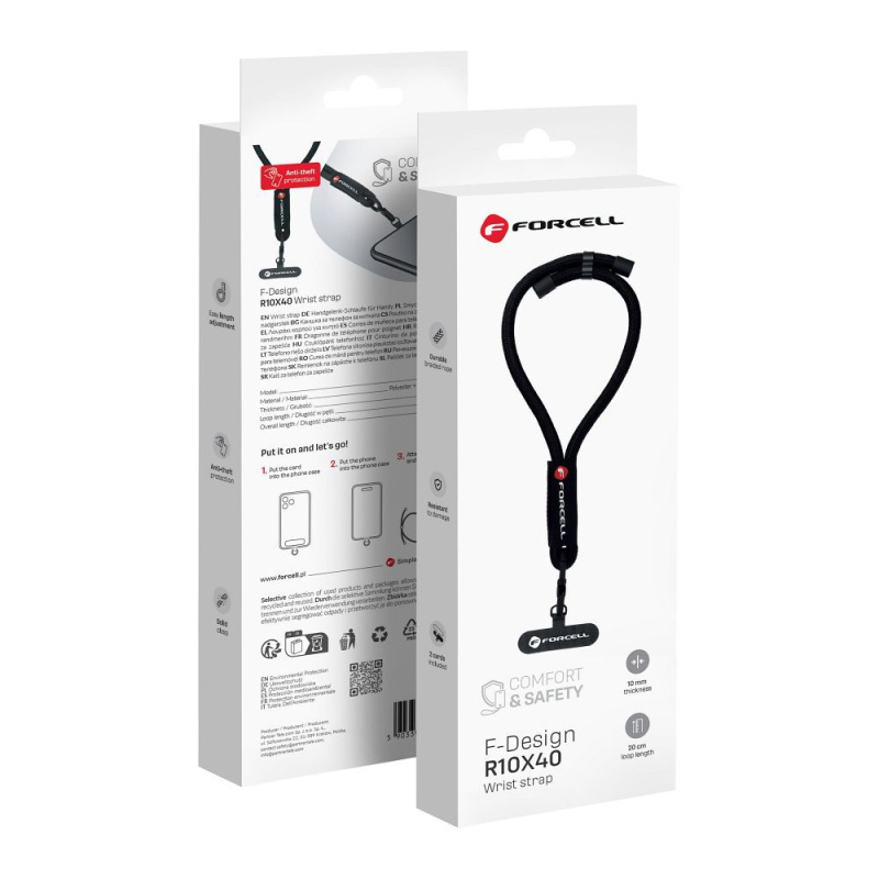 Šňůrka na telefon na zápěstí s nastavením délky Forcell F-Design R10X40 (max 20cm ve smyčce) černá