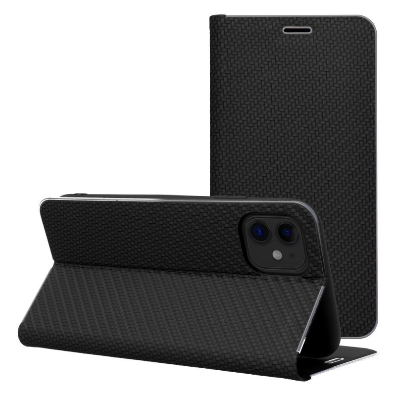OEM Pouzdro na iPhone 17 černé – elegantní s kovovou rámovou ochranou, magnet, kapsa