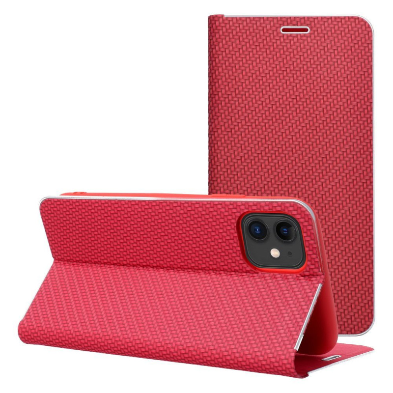 OEM Pouzdro na iPhone 17 Pro červené – elegantní s kovovou rámovou ochranou, magnet, kapsa