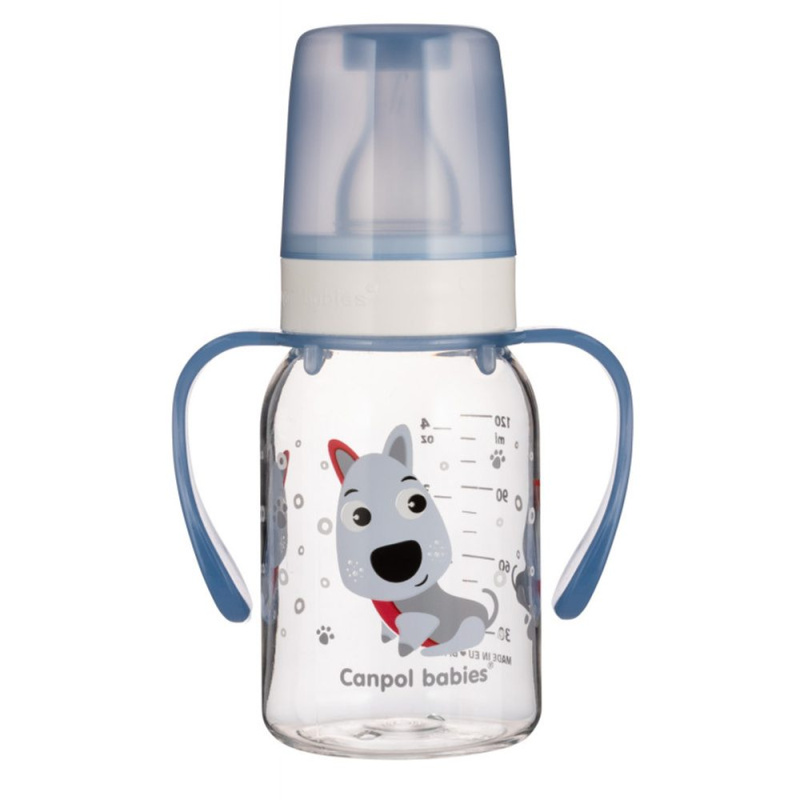 CANPOL BABIES Láhev s potiskem HAPPY ANIMALS 120 ml s úchyty