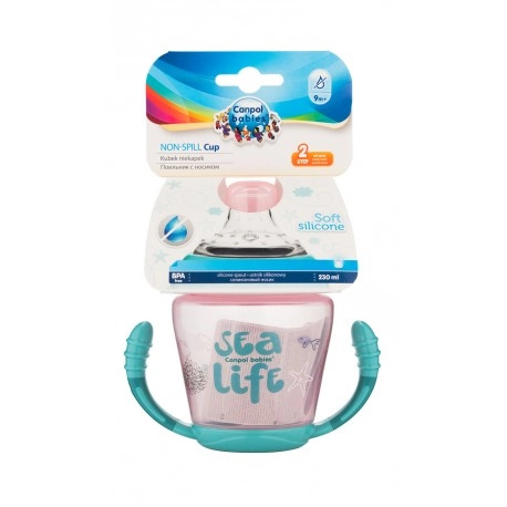 Canpol babies nevylévací hrneček se silikonovým pítkem 230 ml sea life růžový