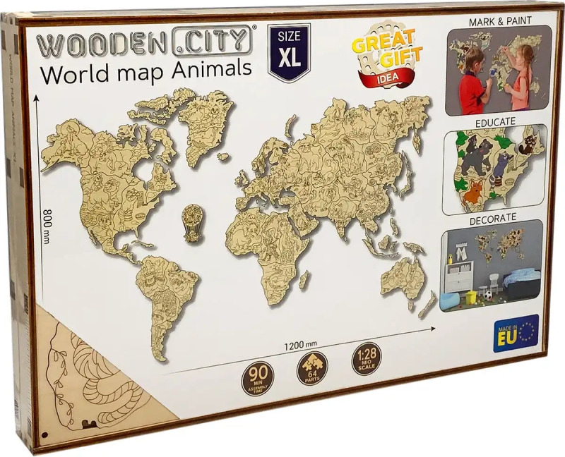 Wooden.City dřevěná mapa světa se zvířaty XL