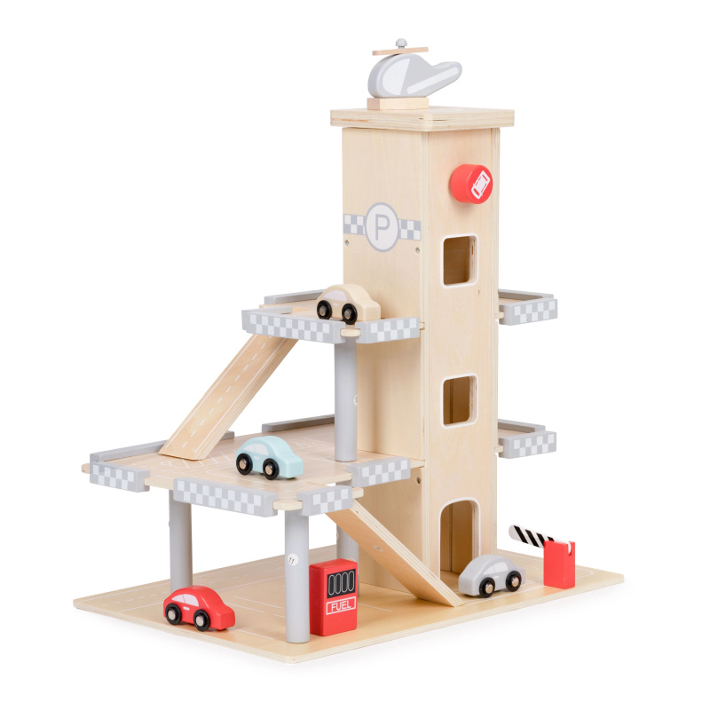 Lebula Velké dřevěné kolejové garážové stání s výtahem + vozy ECOTOYS