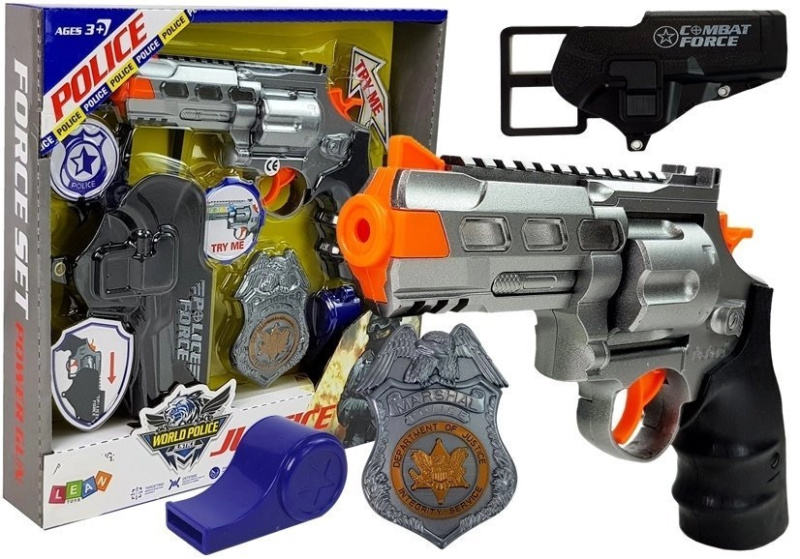 LEANToys Policejní sad Revolver 20cm pouzdro na odznaky Píšťalka Zvukové světelné efekty
