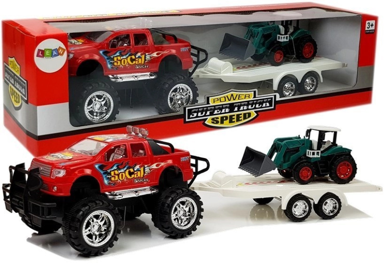 LEANToys Sada červeného monster truck a odtahovka s bagrem
