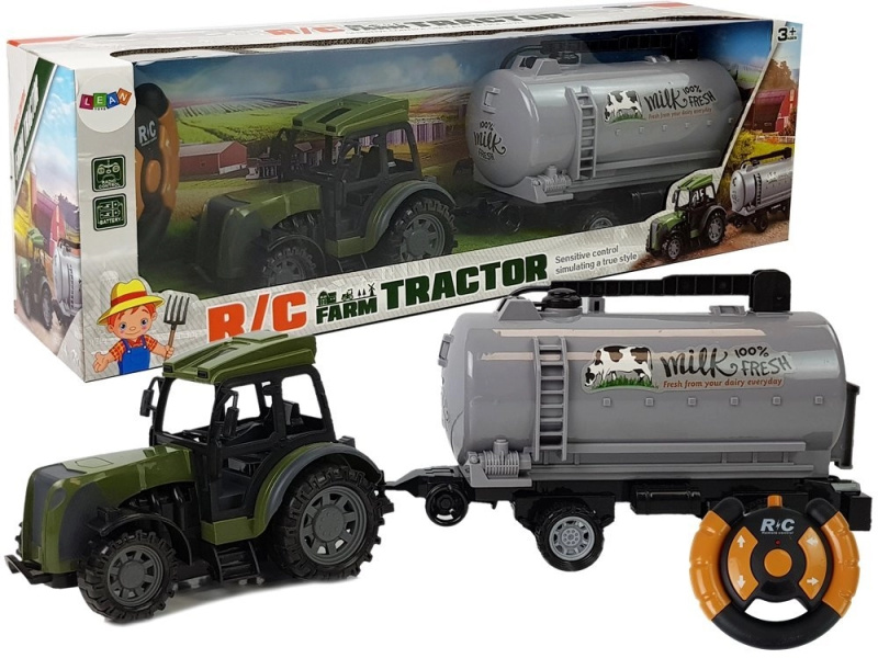 Zelený RC traktor s cisternovým přívěsem na mléko 2.4G